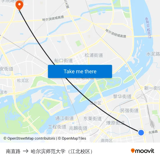 南直路 to 哈尔滨师范大学（江北校区） map