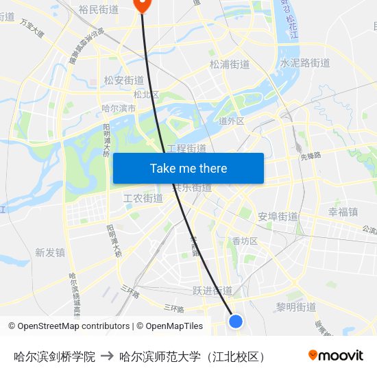 哈尔滨剑桥学院 to 哈尔滨师范大学（江北校区） map