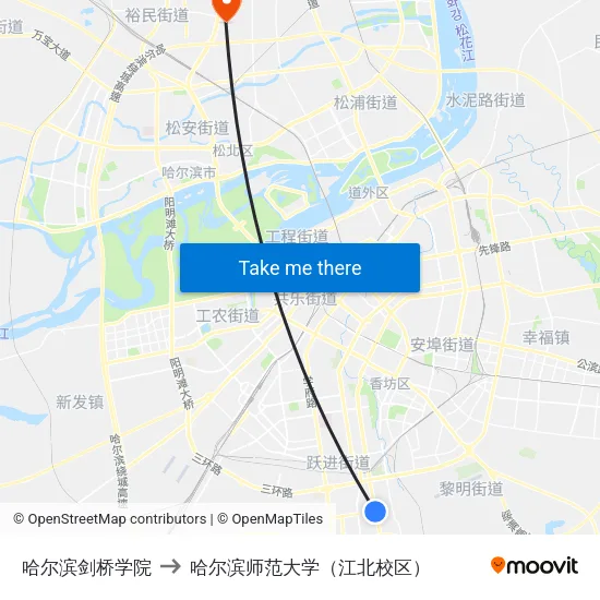 哈尔滨剑桥学院 to 哈尔滨师范大学（江北校区） map