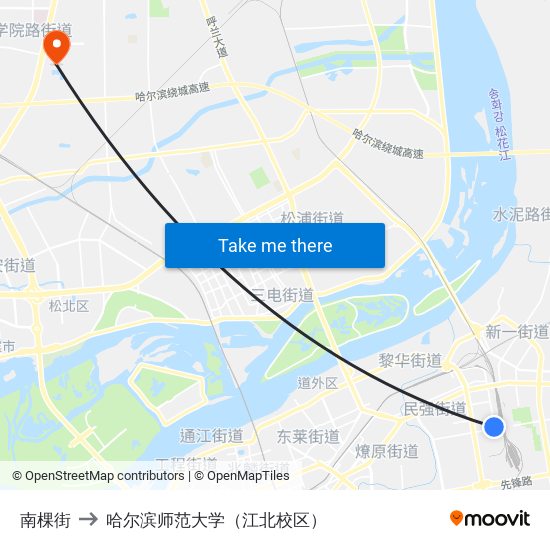 南棵街 to 哈尔滨师范大学（江北校区） map