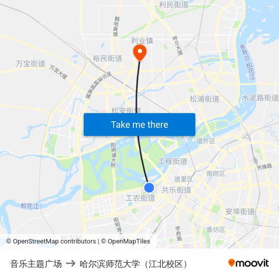 音乐主题广场 to 哈尔滨师范大学（江北校区） map