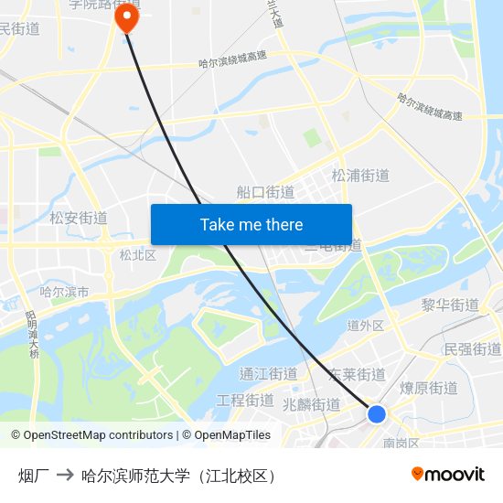 烟厂 to 哈尔滨师范大学（江北校区） map