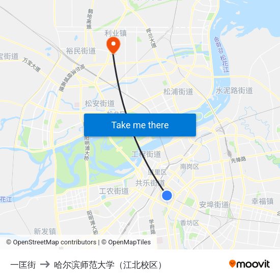 一匡街 to 哈尔滨师范大学（江北校区） map