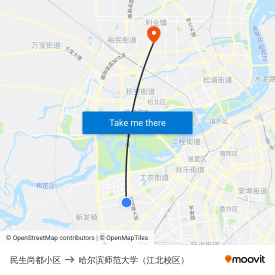 民生尚都小区 to 哈尔滨师范大学（江北校区） map