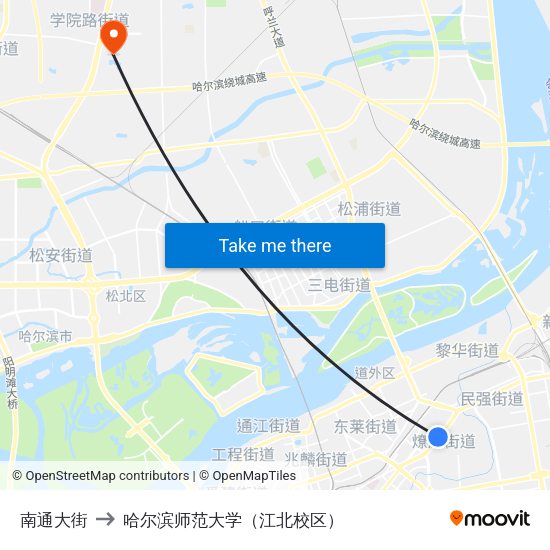 南通大街 to 哈尔滨师范大学（江北校区） map