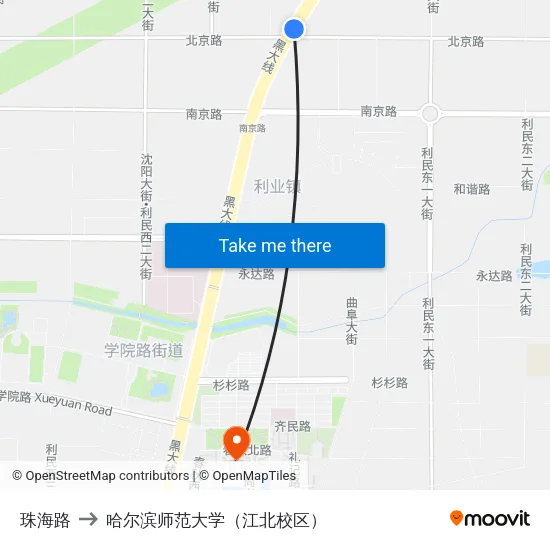 珠海路 to 哈尔滨师范大学（江北校区） map