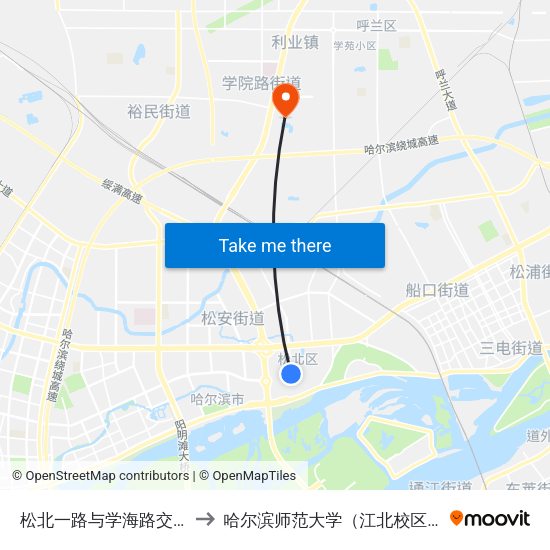 松北一路与学海路交口 to 哈尔滨师范大学（江北校区） map