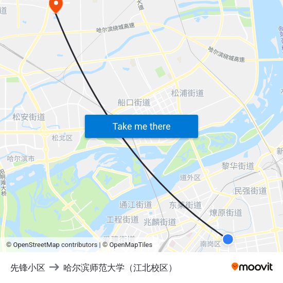 先锋小区 to 哈尔滨师范大学（江北校区） map