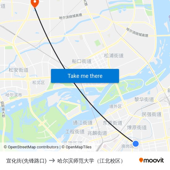 宣化街(先锋路口) to 哈尔滨师范大学（江北校区） map