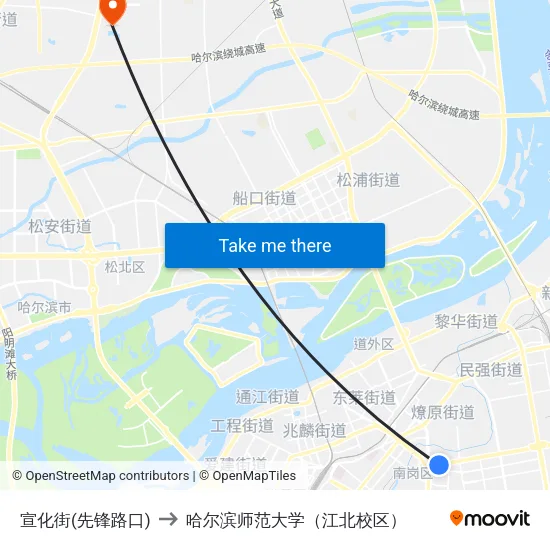 宣化街(先锋路口) to 哈尔滨师范大学（江北校区） map