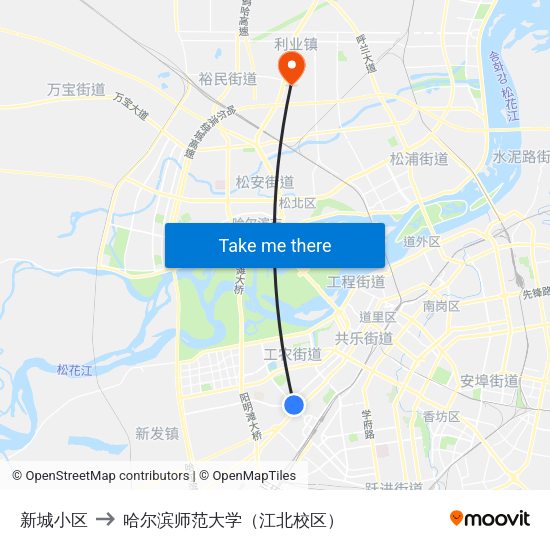 新城小区 to 哈尔滨师范大学（江北校区） map