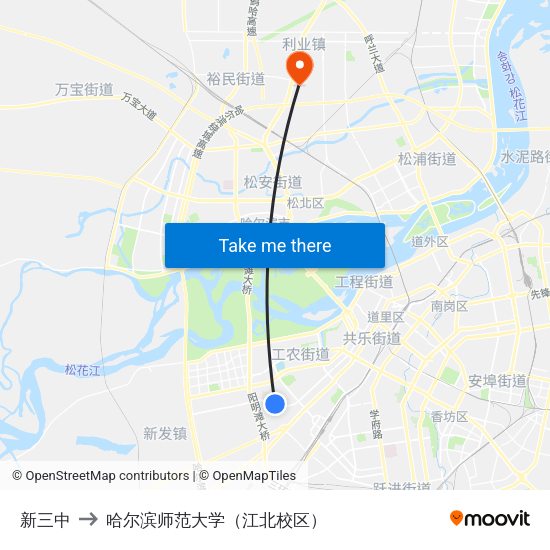 新三中 to 哈尔滨师范大学（江北校区） map
