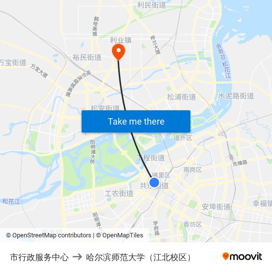 市行政服务中心 to 哈尔滨师范大学（江北校区） map