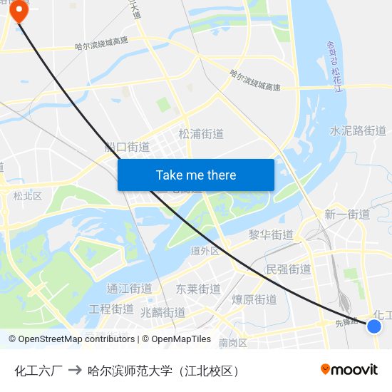 化工六厂 to 哈尔滨师范大学（江北校区） map