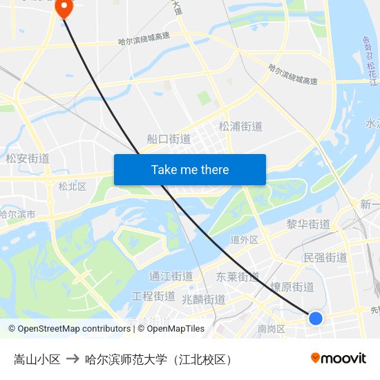 嵩山小区 to 哈尔滨师范大学（江北校区） map