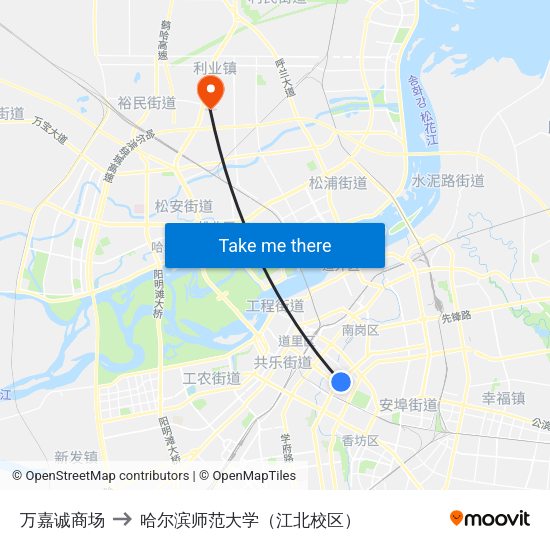 万嘉诚商场 to 哈尔滨师范大学（江北校区） map
