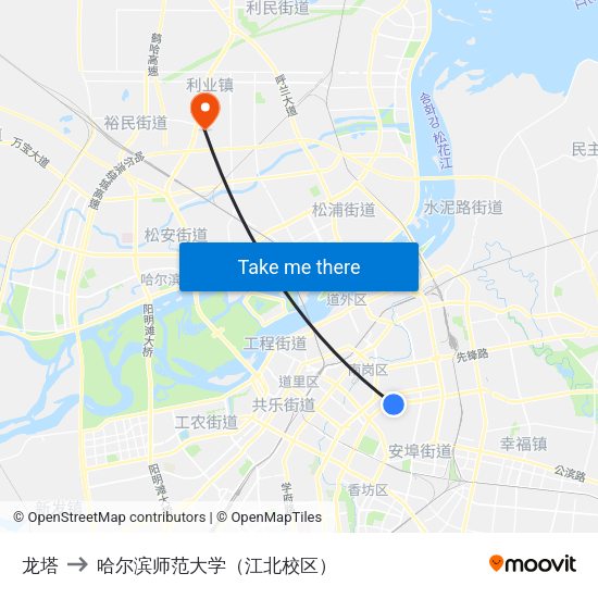龙塔 to 哈尔滨师范大学（江北校区） map