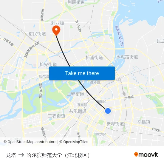 龙塔 to 哈尔滨师范大学（江北校区） map