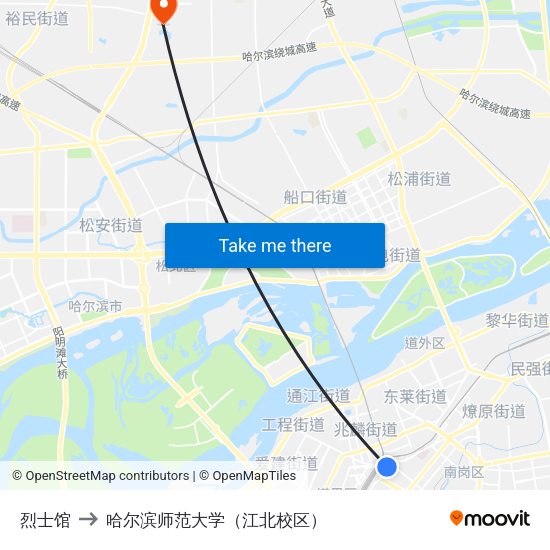 烈士馆 to 哈尔滨师范大学（江北校区） map
