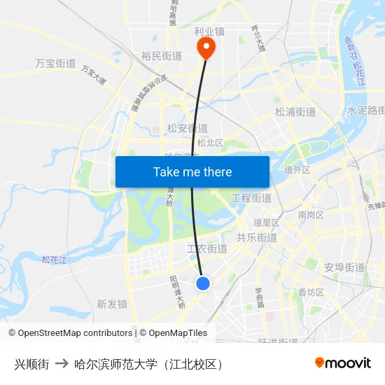 兴顺街 to 哈尔滨师范大学（江北校区） map