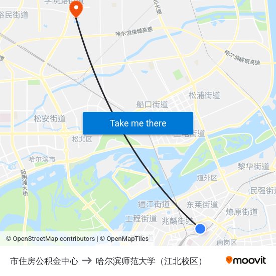 市住房公积金中心 to 哈尔滨师范大学（江北校区） map