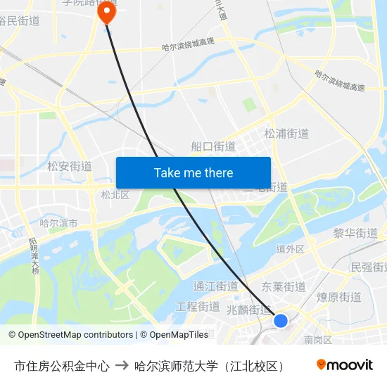 市住房公积金中心 to 哈尔滨师范大学（江北校区） map