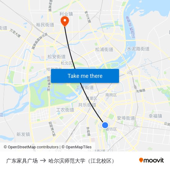 广东家具广场 to 哈尔滨师范大学（江北校区） map