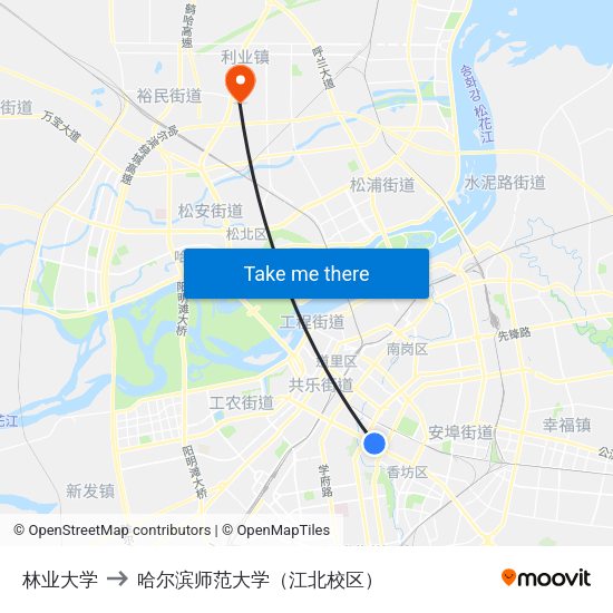 林业大学 to 哈尔滨师范大学（江北校区） map