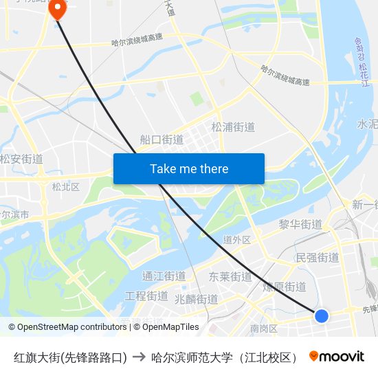 红旗大街(先锋路路口) to 哈尔滨师范大学（江北校区） map