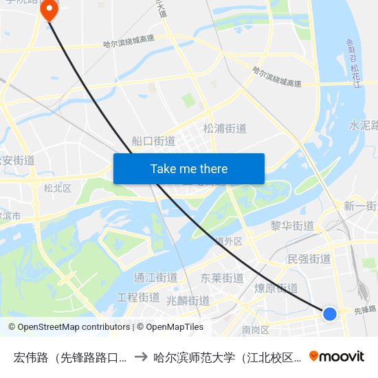 宏伟路（先锋路路口） to 哈尔滨师范大学（江北校区） map