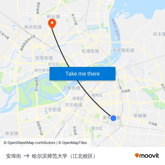 安埠街 to 哈尔滨师范大学（江北校区） map