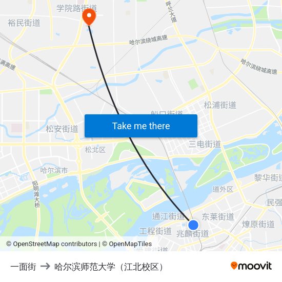 一面街 to 哈尔滨师范大学（江北校区） map