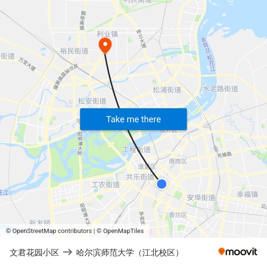 文君花园小区 to 哈尔滨师范大学（江北校区） map