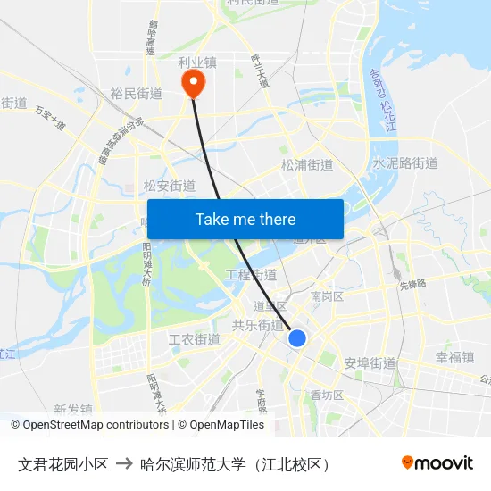 文君花园小区 to 哈尔滨师范大学（江北校区） map