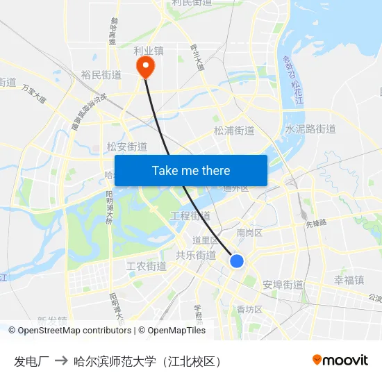 发电厂 to 哈尔滨师范大学（江北校区） map