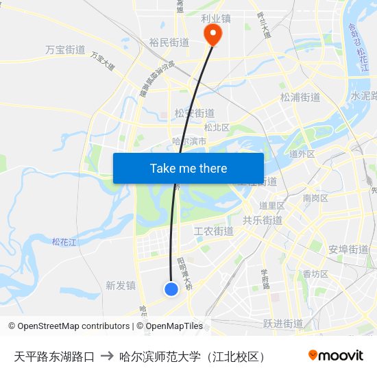 天平路东湖路口 to 哈尔滨师范大学（江北校区） map