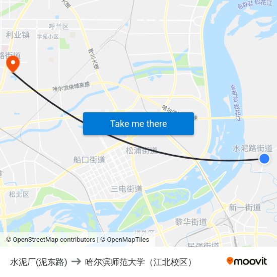 水泥厂(泥东路) to 哈尔滨师范大学（江北校区） map