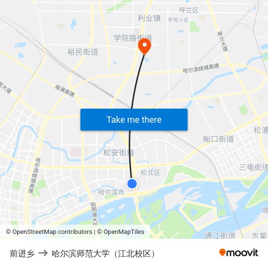 前进乡 to 哈尔滨师范大学（江北校区） map