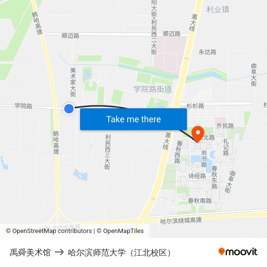 禹舜美术馆 to 哈尔滨师范大学（江北校区） map