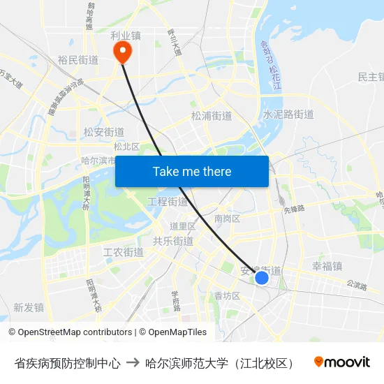 省疾病预防控制中心 to 哈尔滨师范大学（江北校区） map