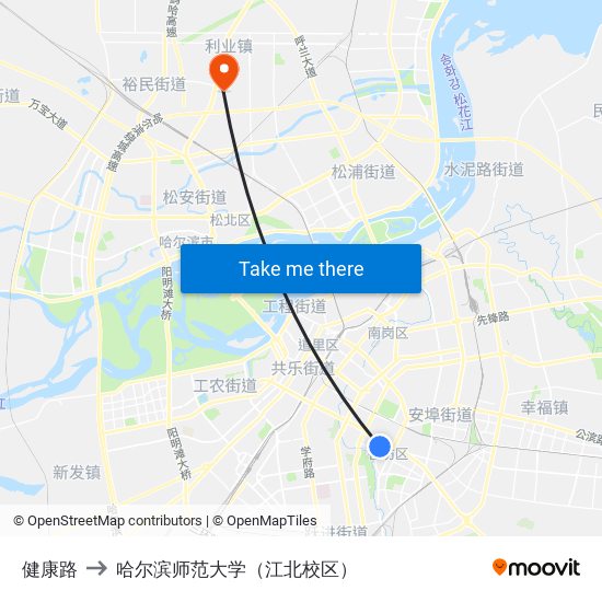 健康路 to 哈尔滨师范大学（江北校区） map