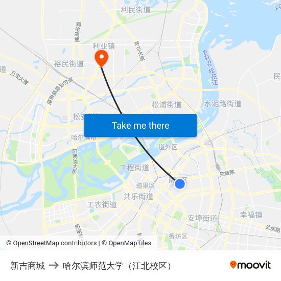 新吉商城 to 哈尔滨师范大学（江北校区） map