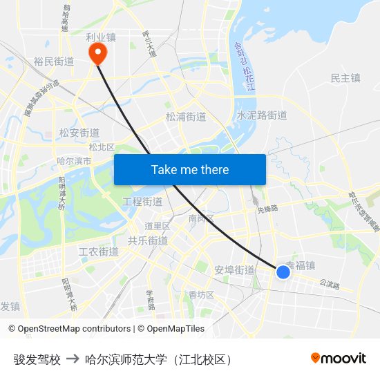 骏发驾校 to 哈尔滨师范大学（江北校区） map