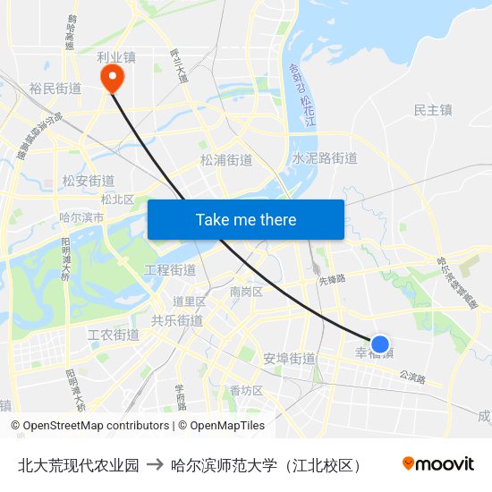 北大荒现代农业园 to 哈尔滨师范大学（江北校区） map