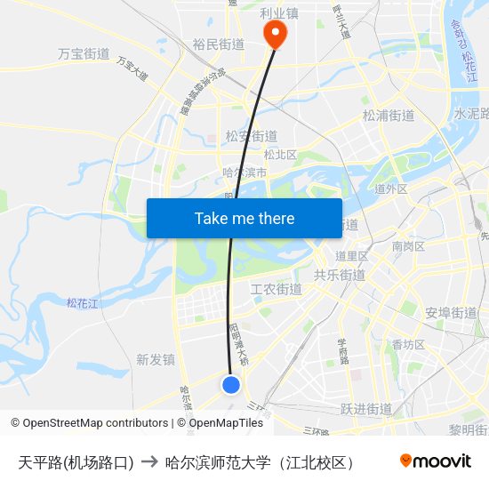 天平路(机场路口) to 哈尔滨师范大学（江北校区） map