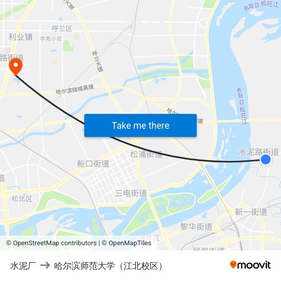 水泥厂 to 哈尔滨师范大学（江北校区） map