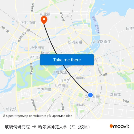 玻璃钢研究院 to 哈尔滨师范大学（江北校区） map