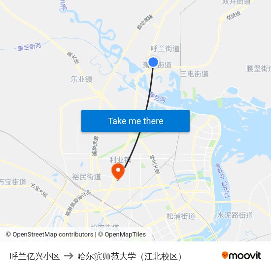 呼兰亿兴小区 to 哈尔滨师范大学（江北校区） map