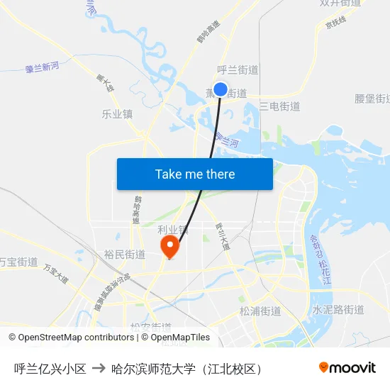 呼兰亿兴小区 to 哈尔滨师范大学（江北校区） map