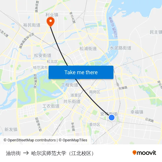 油坊街 to 哈尔滨师范大学（江北校区） map